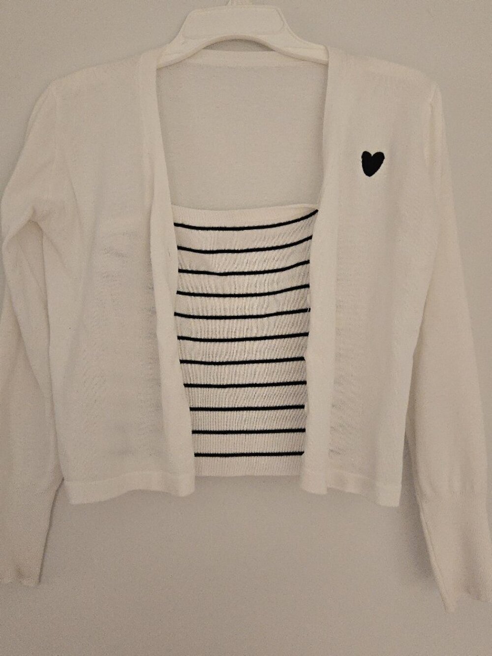2pc white cardigan and striped tank